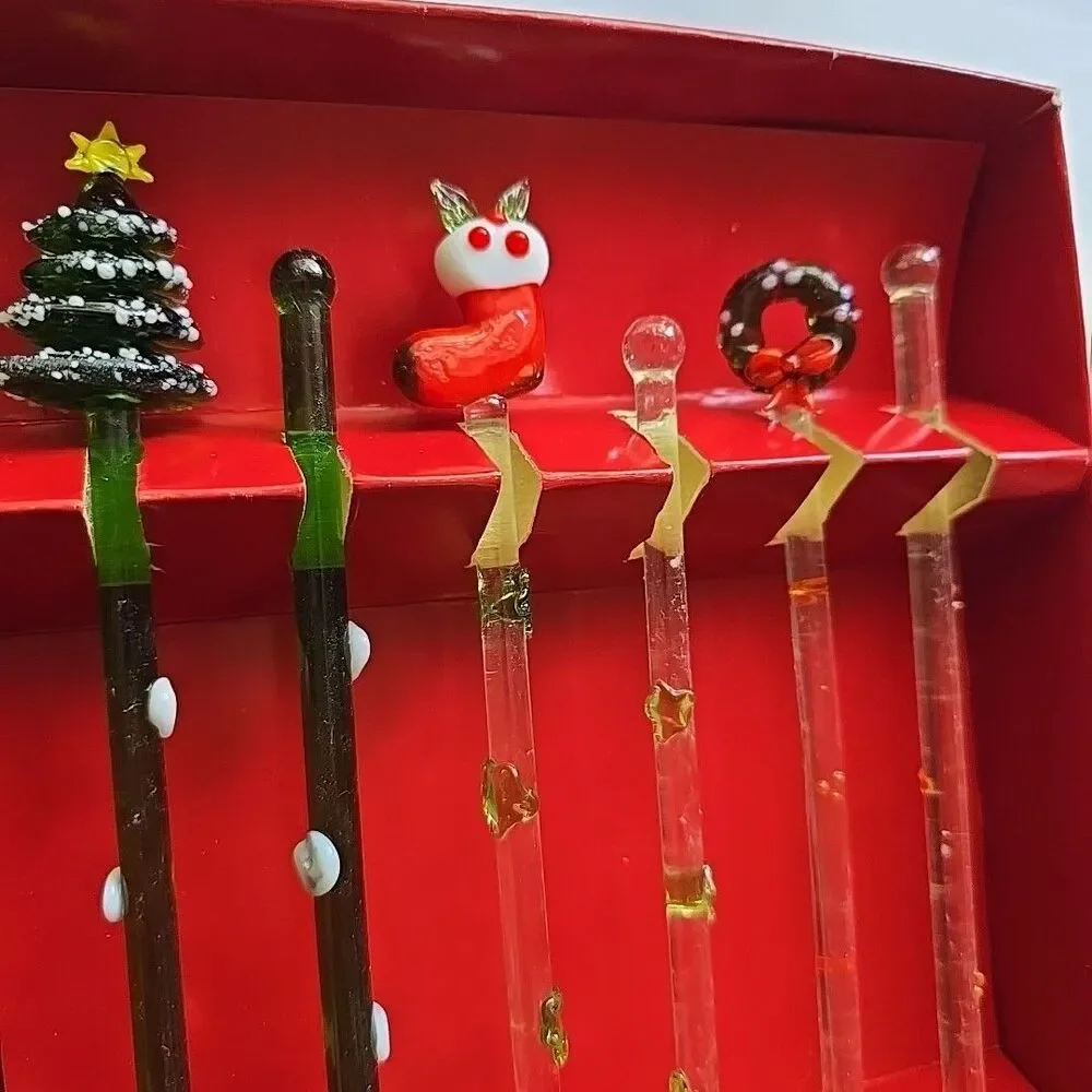 Boston Warehouse Christmas Hand Blown Glass Swizzle Stick Set Of 6 EUC Unused